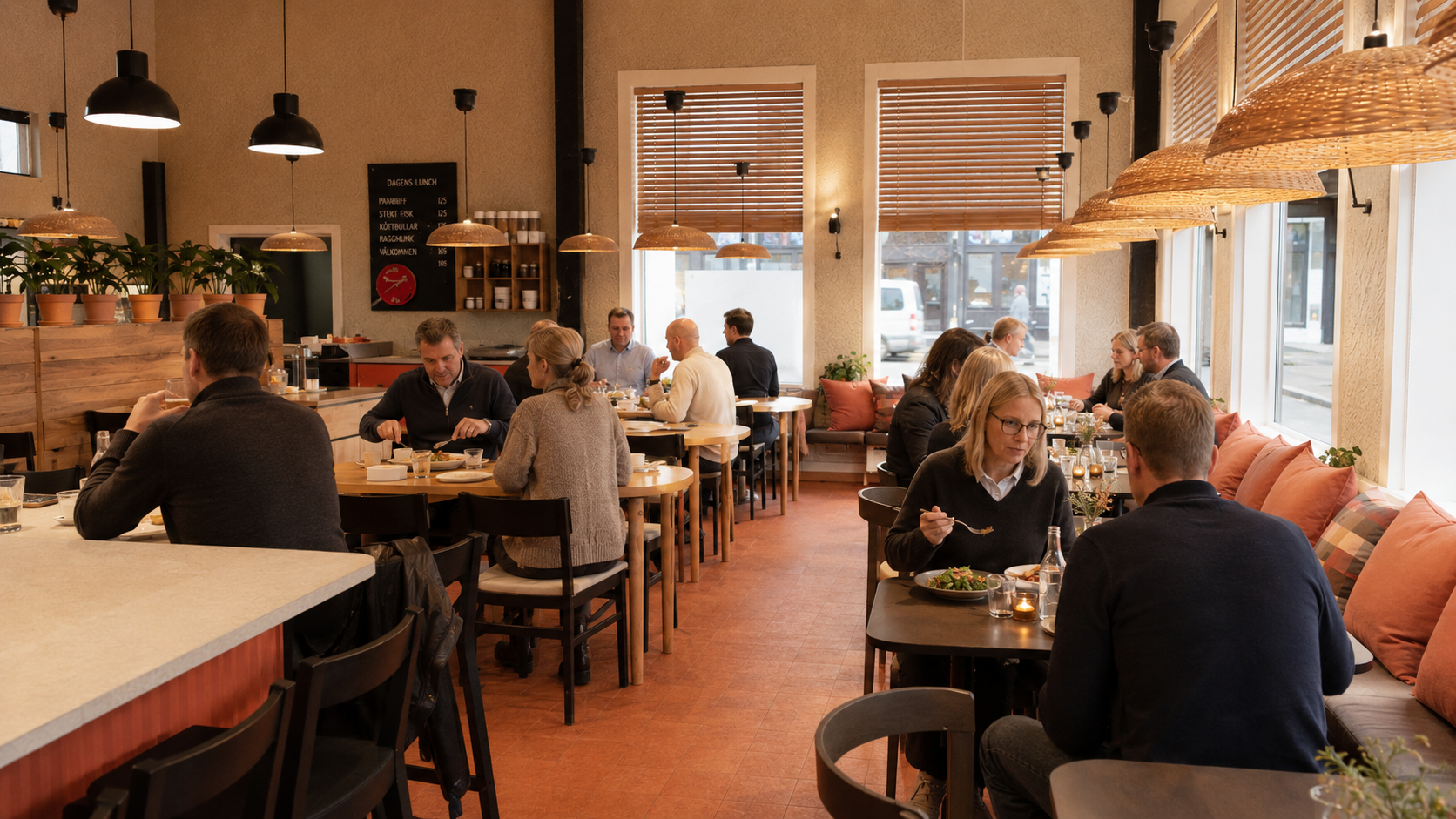 Husmans lunchrestaurang – varm nordisk bistro med bardisk och terracottagolv