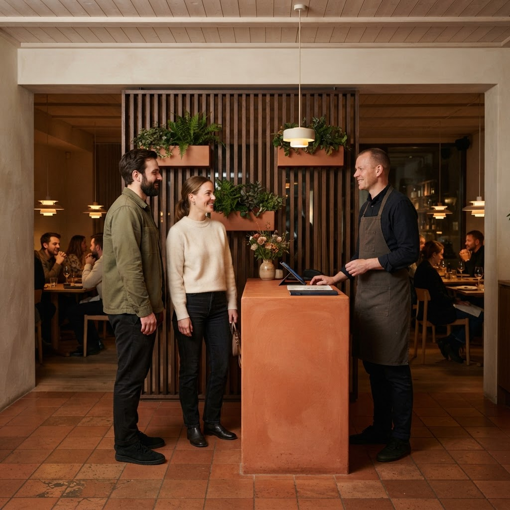 Husmans entré och passage med griffeltavla för dagens rätt